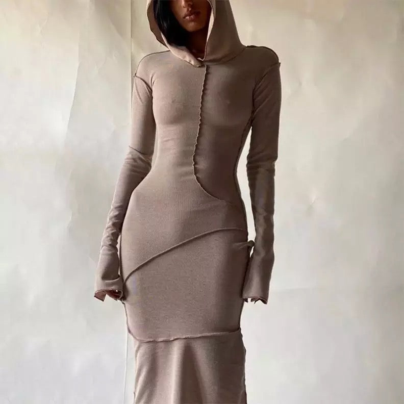 High Quality Hooded Long Sleeve Reverse wear Line Casual Dress