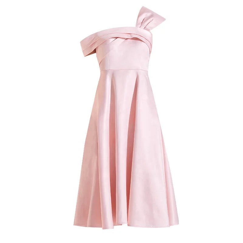 Satin Sleeveless One Shoulder Pink Dress