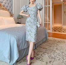 Load image into Gallery viewer, Brocade Elegant Puffy Sleeve Dress
